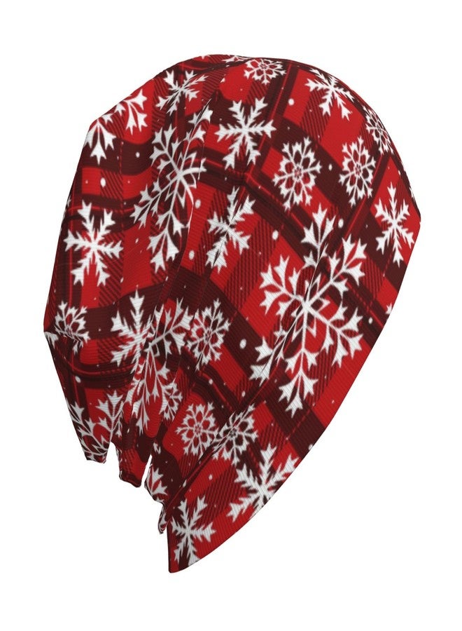 FalePrint Beanie Hat Printed Christmas Snowflakes Red Plaid Breathable Knitted Cap Gifts for Men Women,Thin Stretch Knit Slouchy Cancer Chemo Sleep Hat Unisex Turban Hat Headwear Warm Hip Hop Soft Skull Cap - Image 4